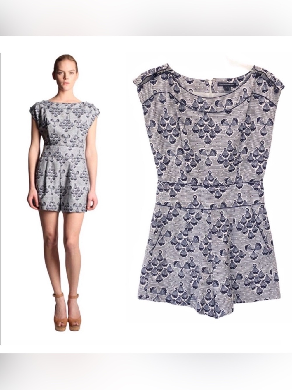 French Connection Siera Shell Romper Jumpsuit Blue White Nautical Pleated Sz 10